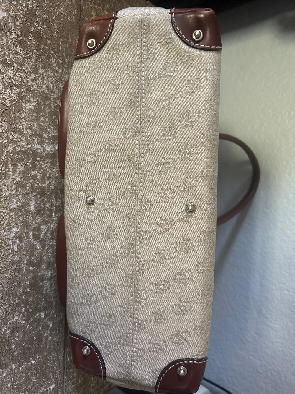 Dooney & Bourke Cream Canvas Satchel with Brown Leather Trim and Front Pockets - Picture 10 of 11